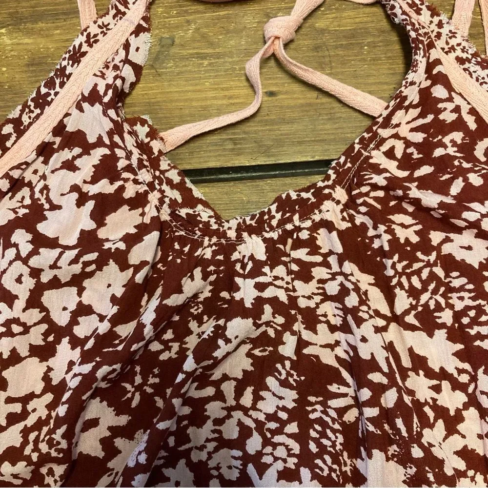 Free People Intimately Red Be Kind Bodysuit Size Medium Pink Floral Ties NWOT